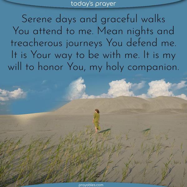 Serene days and graceful walks You attend to me. Mean nights and treacherous journeys You defend me. It is Your way to be with me. It is my will to honor You, my holy companion. 