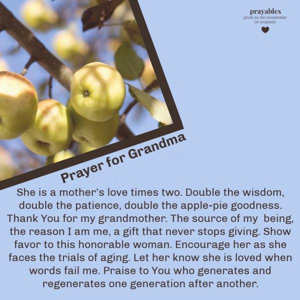 She is a mother’s love times two. Double the wisdom, double the patience, double the apple-pie goodness. Thank You for my grandmother. The source of my being, the reason I am
me, a gift that never stops giving. Show favor to this honorable woman. Encourage her as she faces the trials of aging. Let her know she is loved when words fail me. Praise to You who generates and regenerates one generation after another.