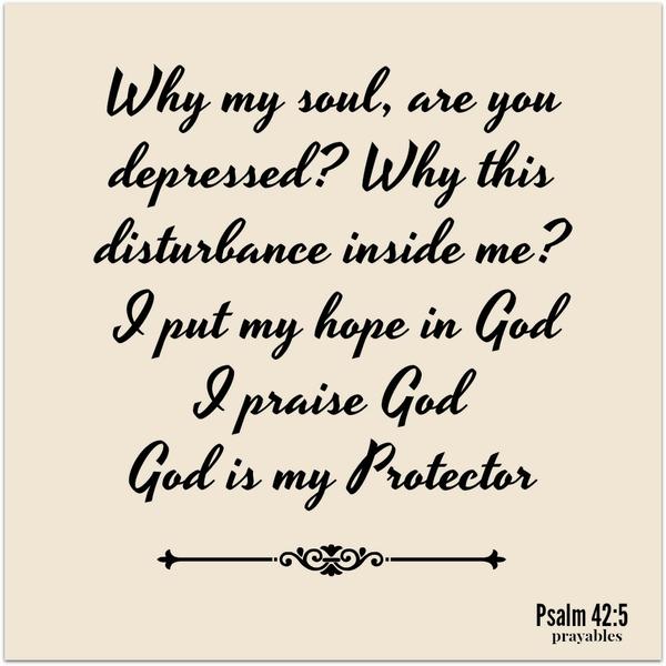 Psalm 42:5 Why my soul, are you depressed? Why this disturbance inside me?  I put my hope in God  I praise God  God is my Protector