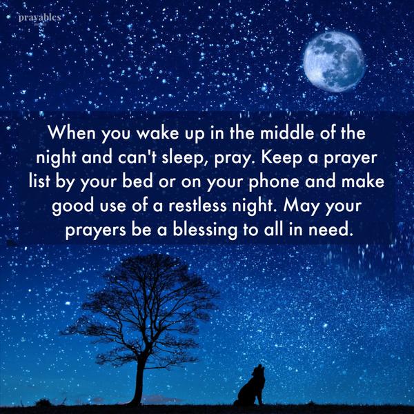 When you wake up in the middle of the night and can’t sleep, pray. Keep a prayer list by your bed or on your phone and make good use of a restless night. May your prayers be
a blessing to all in need.