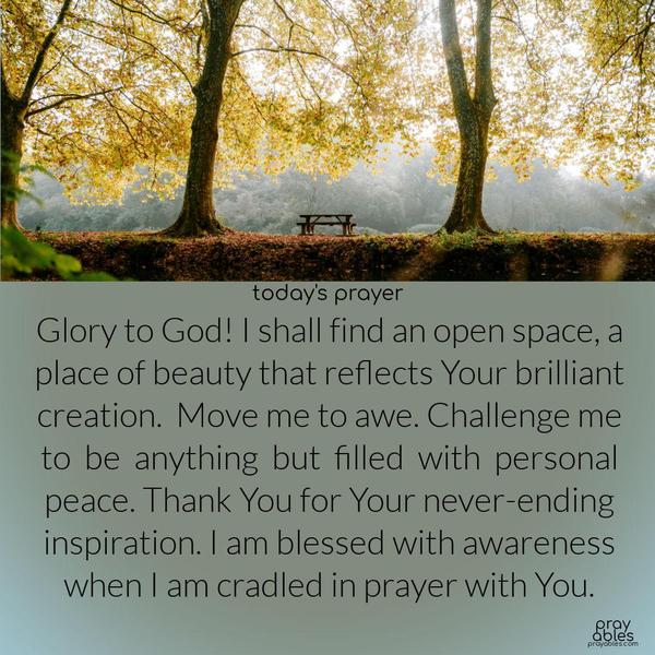 Glory to God! I shall find an open space, a place of beauty that reflects Your brilliant creation.  Move me to awe. Challenge me to  be  anything  but  filled  with  personal peace. Thank You for Your never-ending inspiration. I am blessed with awareness when I am cradled in prayer with You.