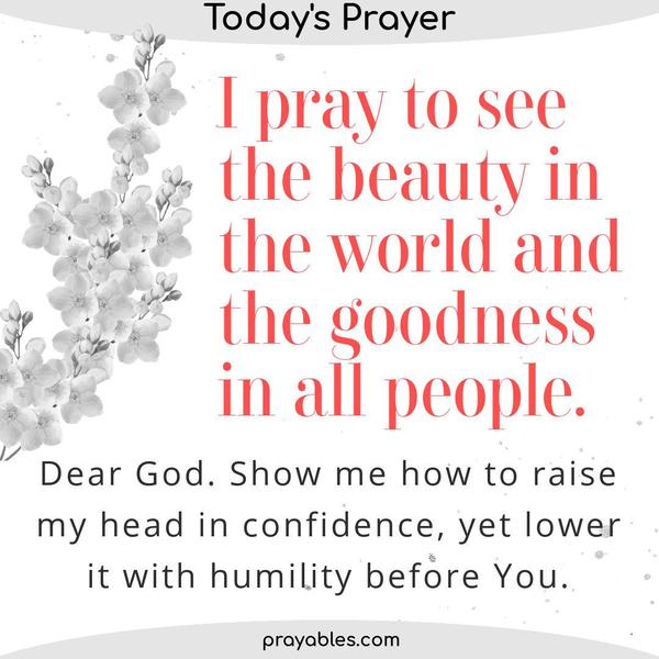 Dear God, I pray to see the beauty in the world and the goodness in people. Show me how to raise my head in confidence, yet lower it with
humility before You. 