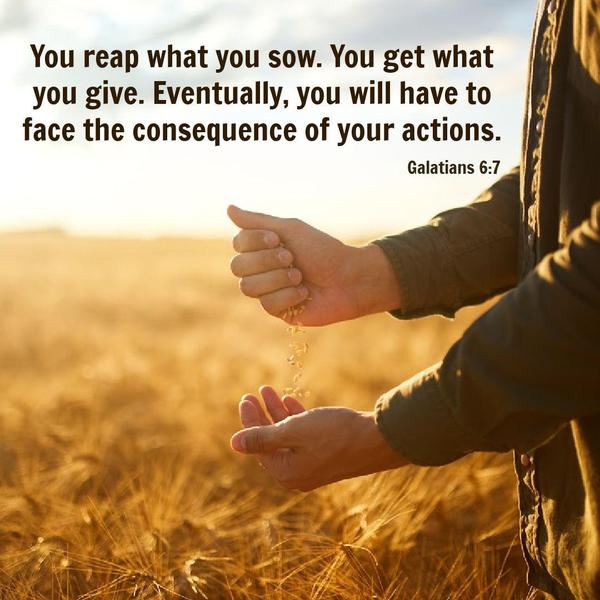 Galatians 6:7 You reap what you sow. You get what you give. Eventually, you will have to face the consequence of your actions.