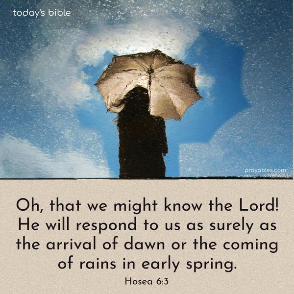 Oh, that we might know the Lord! He will respond to us as surely as the arrival of dawn or the coming of rains in early spring. Hosea 6:3