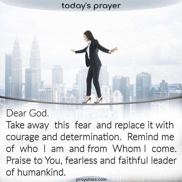 Dear God. Take away this fear and replace it with courage and determination. Remind me of who I am and from Whom I come. Praise to You,
fearless and faithful leader of humankind.