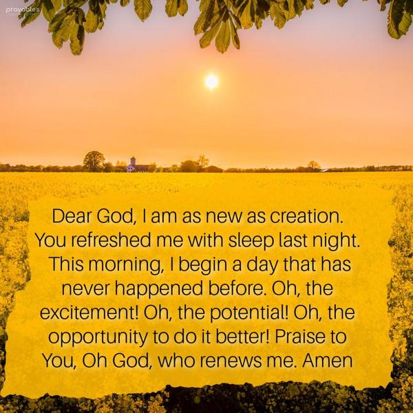 Dear God, I am new as creation. You refreshed me with sleep last night. This morning, I begin a day that has never happened before. Oh, the excitement! Oh, the potential! Oh, the
opportunity to do it better! Praise to You, Oh God, who renews me. Amen