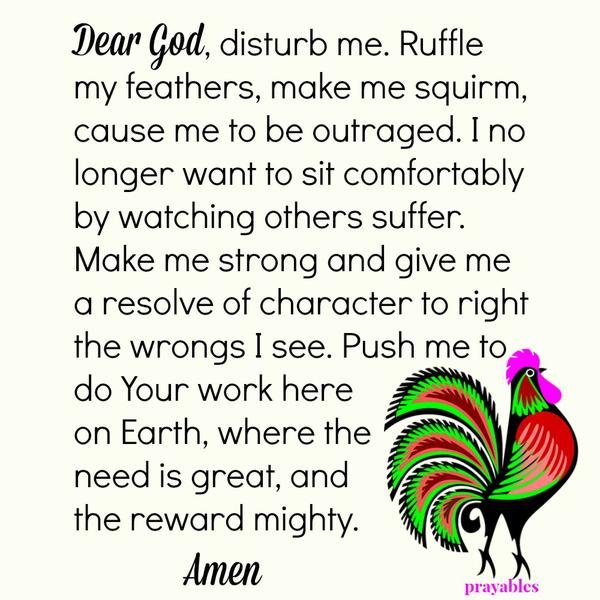 Dear God, disturb me. Ruffle my feathers, make me squirm, cause me to be outraged. I no longer want to sit comfortably by watching others suffer. Make me strong and give me a resolve of character to right the wrongs I see. Push me
to do Your work here on Earth, where the need is great, and the reward mighty. Amen