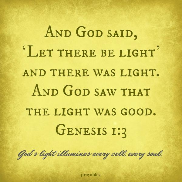 Genesis 1:3 And God said, ‘Let there be light’ and there was light. And God saw that the light was good.  God's light illumines every cell, every soul.