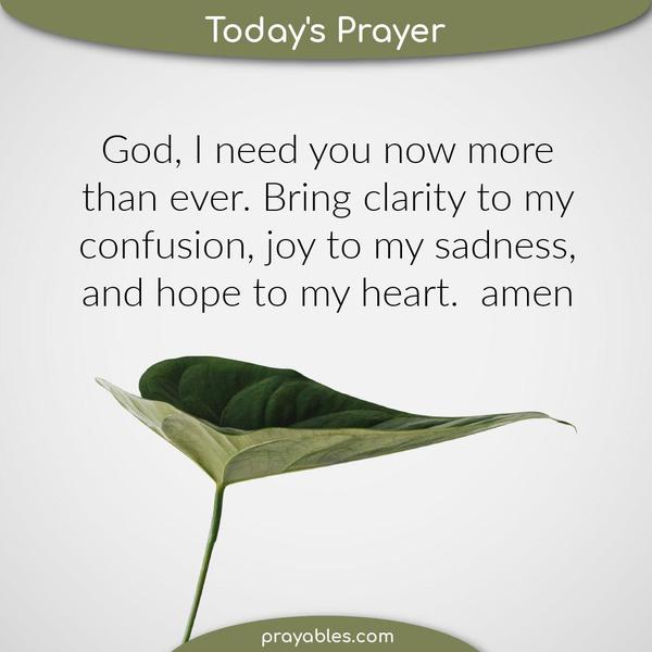 God, I need you now more than ever. Bring clarity to my confusion, joy to my sadness, and hope to my heart. Amen