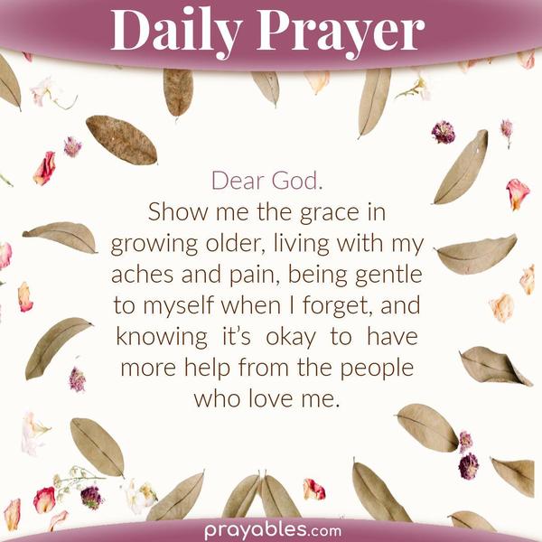 Dear God, show me the grace in growing older, living with my aches and pain, being gentle to myself when I forget, and knowing it’s okay to
have more help from the people who love me. 