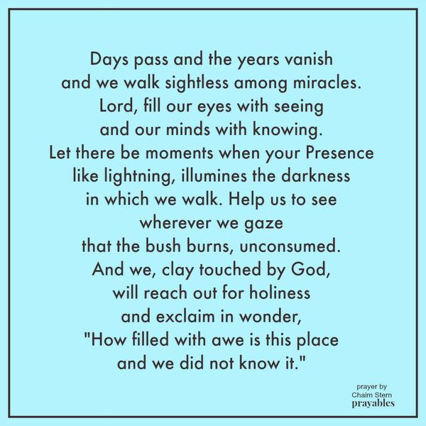 Days pass and the years vanish and we walk sightless among miracles. ​​​​​​​Lord, fill our eyes with seeing and our minds with knowing. ​​​​​​​Let there be moments when your Presence like lightning, illumines the darkness in which we
walk. ​​​​​​​Help us to see wherever we gaze that the bush burns, unconsumed. ​​​​​​​ And we, clay touched by God, will reach out for holiness and exclaim in wonder, “How filled with awe is this place and we did not know it.” Chaim Stern