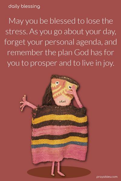 May you be blessed to lose the stress. As you go about your day, forget your personal agenda, and remember the plan God has for you to prosper and to live in joy.