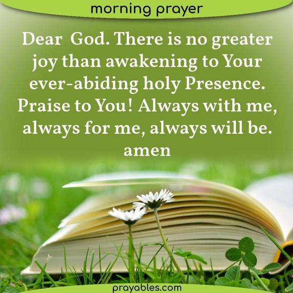 Dear God, I have no greater joy than awakening to Your ever-abiding holy Presence. Praise to You, always with me, always for me, always will be. Amen