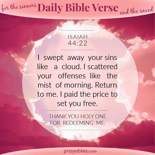 I swept away your sins like a cloud. I scattered your offenses like the mist of morning. Return to me. I paid the price to set you free. Thank You Lord for loving me and
redeeming me. 