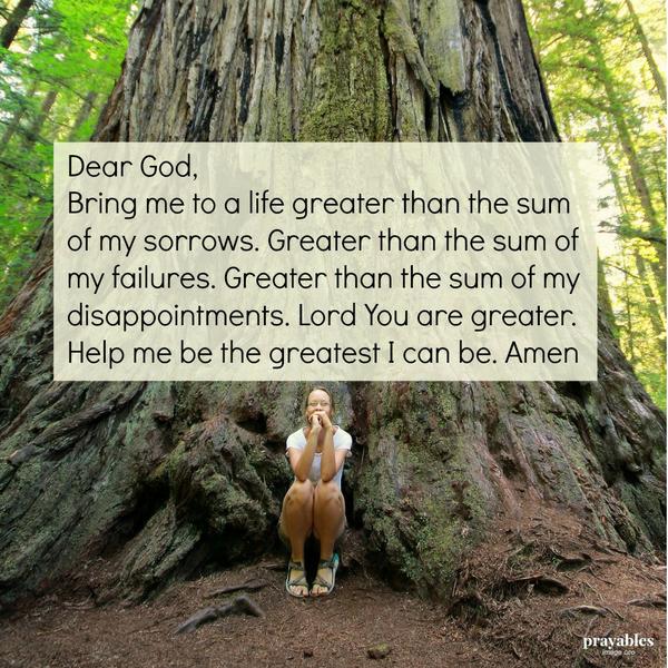 Dear God, Bring me to a life greater than the sum of my sorrows. Greater than the sum of my failures. Greater than the sum of my disappointments. Lord You are greater. Help me be the greatest I can be. Amen