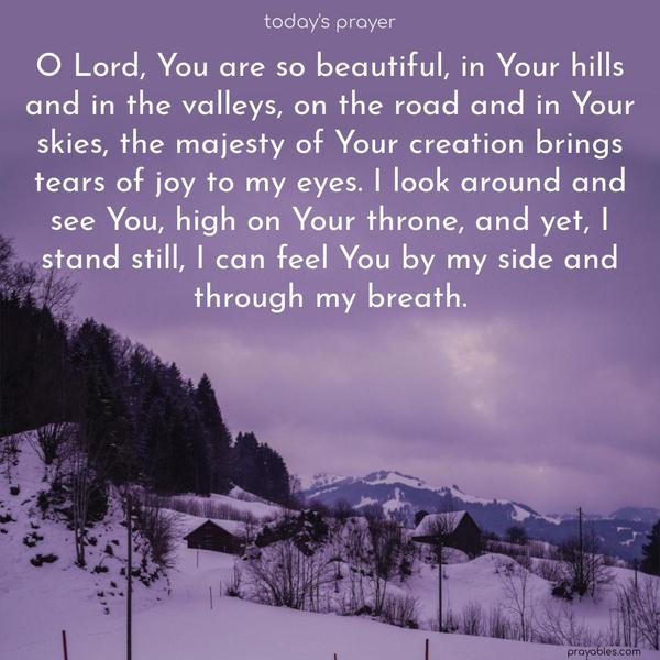 O Lord, You are so beautiful, in Your hills and in the valleys, on the road and in Your skies, the majesty of Your creation brings tears of joy to my eyes. I look around and see You, high on Your throne, and yet, I stand still, I can feel You by my side and through my breath.