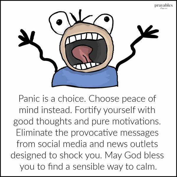 Panic is a choice. Choose peace of mind instead. Fortify yourself with good thoughts and pure motivations. Eliminate the provocative messages from social media and news
outlets designed to shock you. May God bless you to find a sensible way to calm.