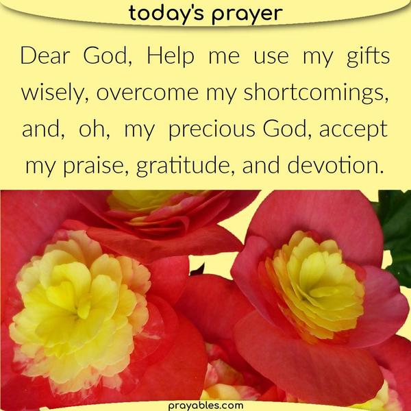 Dear God, Help me use my gifts wisely, overcome my shortcomings, and, oh, my precious God, accept my praise, gratitude, and devotion.