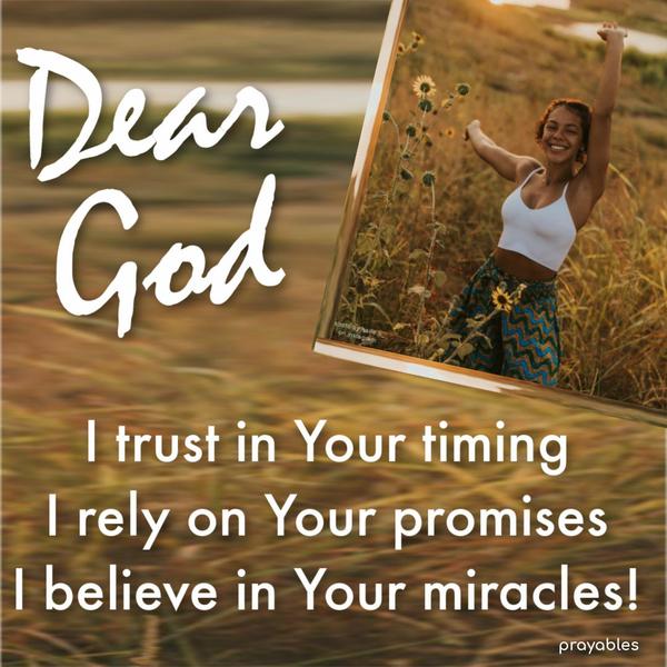 Dear God, I trust in Your timing, I rely on Your promises, and I believe in Your miracles.