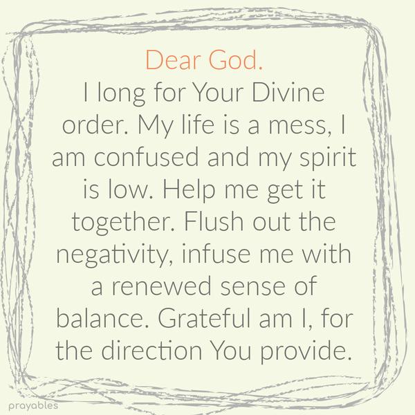 Dear God, I long for Your Divine order. My life is a mess, I am confused and my spirit is low. Help me get it together. Flush out the negativity, fill me
with a renewed sense of balance. Grateful am I, for the direction You send my way.