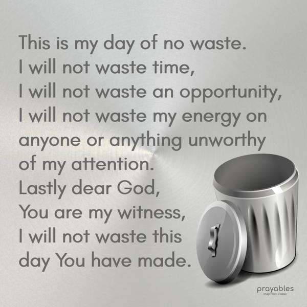 This is my day of no waste. I will not waste time, I will not waste an opportunity, I will not waste my energy on anyone or anything not unworthy of my attention. Lastly dear God, as You
are my witness, I will not waste this day You have made.