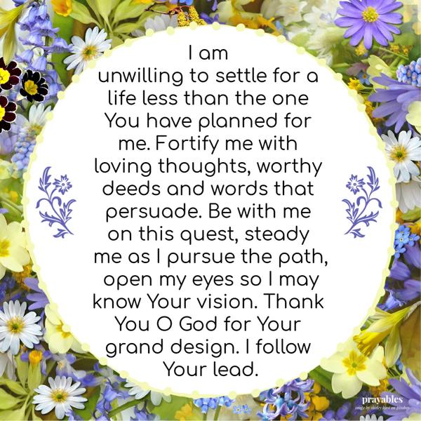 I am unwilling to settle for a life less than the one You have planned for me. Fortify me with loving thoughts, worthy deeds and
words that persuade. Be with me on this quest, steady me as I pursue the path, open my eyes so I may know Your vision. Thank You O God for Your grand design. I follow Your lead.