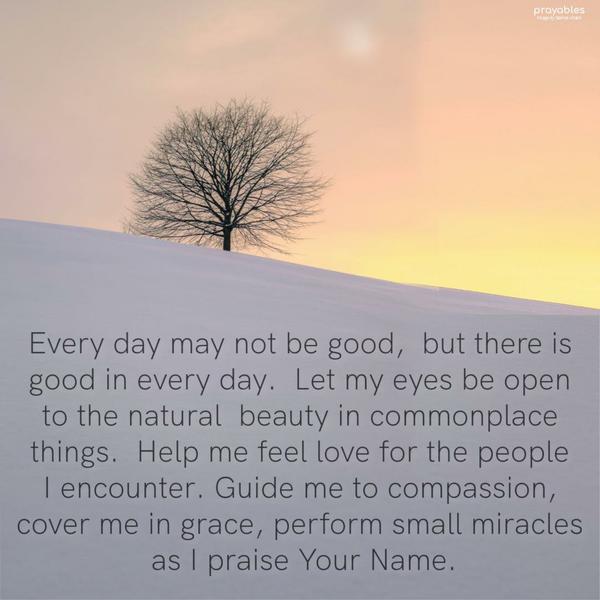 Every day may not be good, but there is good in every day. Let my eyes be open to the natural beauty in commonplace things. Help me feel love for the people I encounter. Guide me to
compassion, cover me in grace, perform small miracles as I praise Your Name.