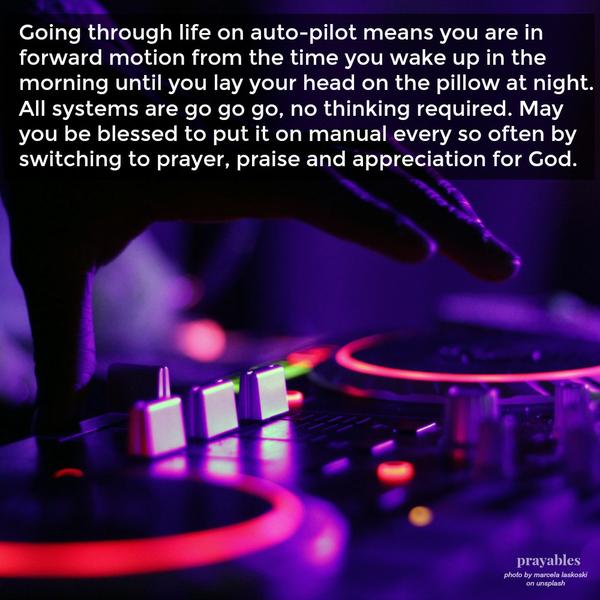 Going through life on auto-pilot means you are in forward motion from the time you wake up in the morning until you lay your head on the pillow at night. All systems are go go go, no thinking required. May you be blessed to put it
on manual every so often by switching to prayer, praise and appreciation for God.