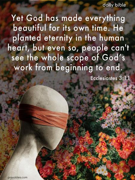 Yet God has made everything beautiful for its own time. He  planted eternity in the human heart, but even so, people can't see the whole scope of God’s work from beginning to end. Ecclesiastes 3:11