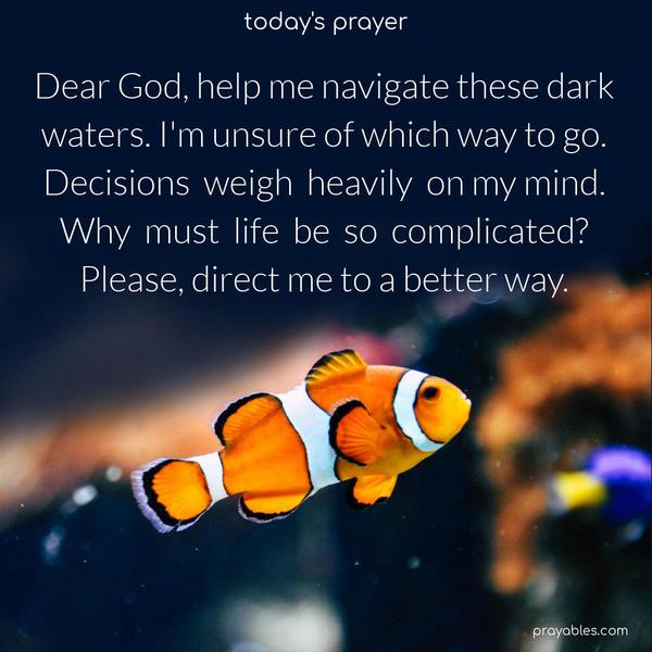 Dear God, help me navigate these dark waters. I’m unsure of which way to go. Decisions weigh heavily on my mind. Why must life be so complicated? Please, direct me to a better way.