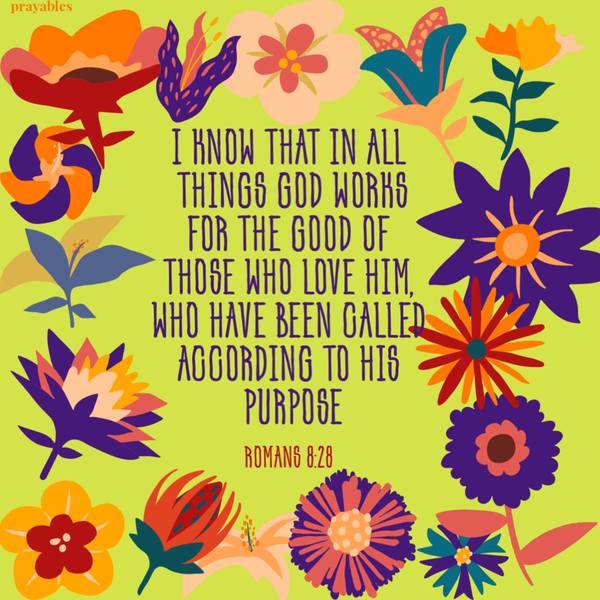 Romans 8:28 I know that in all things God works for the good of those who love Him, who have been called according to His purpose.