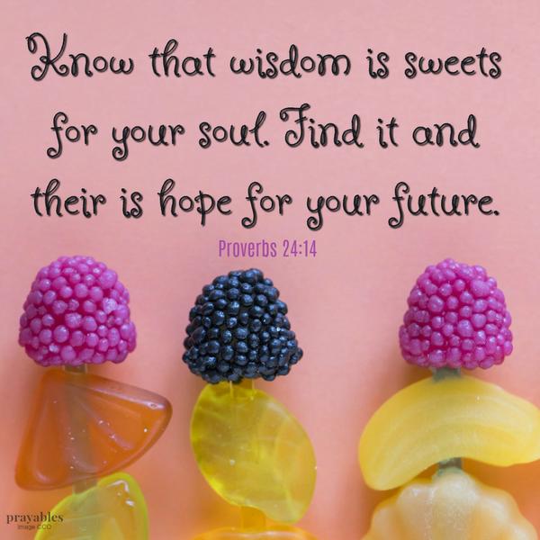 Proverbs 24:14 Know that wisdom is sweets for your soul. Find it and their is hope for your future.