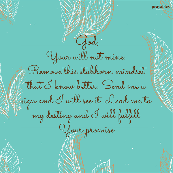 God, Your will not mine. Remove this stubborn mindset that I know better. Send me a sign and I will see it. Lead me to my destiny and I will fulfill Your promise.