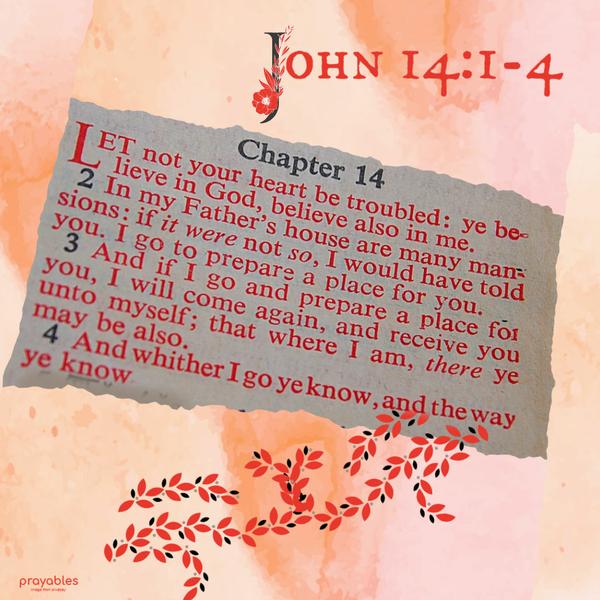 John 14:1-4 Let not your heart be troubled: ye believe in God, believe also in me. In my Father's house are many mansions: if it were not so, I would have
told you. I go to prepare a place for you. And if I go and prepare a place for you, I will come again, and receive you unto myself; that where I am, there ye may be also. And whither I go ye know, and the way ye know.