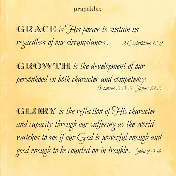 GRACE is His power to sustain us regardless of our circumstances.      2 Corinthians 12:9  GROWTH is the development of our personhood on both character and competency.                                                            
Romans 5:3-5  James 1:1-5  GLORY is the reflection of His character and capacity through our suffering as the world watches to see if our God is powerful enough and good enough to be counted on in trouble.  John 9:3-4