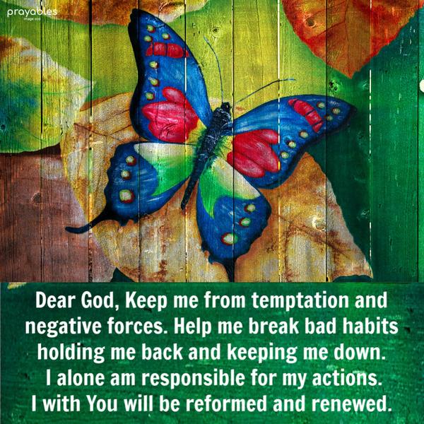 Dear God, Keep me from temptation and negative forces. Help me break bad habits holding me back and keeping me down. I alone am responsible for my actions. I with You will be
reformed and renewed.