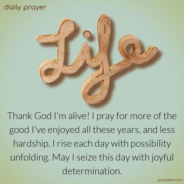 Thank God I'm alive! I pray for more of the good I've enjoyed all these years, and less hardship. I rise each day with possibility unfolding. I will seize this day with joyful determination.