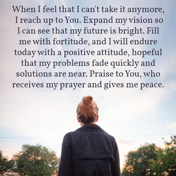 When I feel that I can’t take it anymore, I reach up to You. Expand my vision so I can see my future is bright. Fill me with fortitude, and I will endure today with a positive attitude,
hopeful that my problems fade quickly and solutions are near. Praise to You, who receives prayer and gives peace.