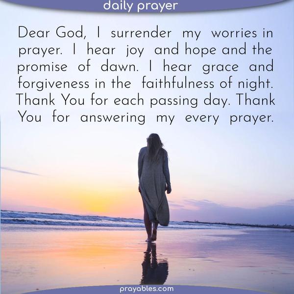 Dear God, I surrender my worries in prayer. I hear joy and hope and the promise of dawn. I hear grace and forgiveness in the faithfulness of night. Thank You for each passing
day. Thank You for answering my every prayer. 