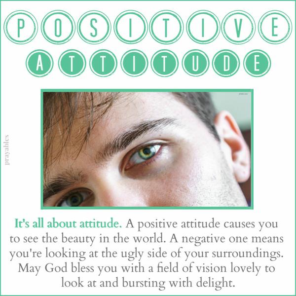 It’s all about attitude. A positive attitude causes you to see the beauty in the world. A negative one means you’re looking at the ugly side of your surroundings. May God
bless you with a field of vision lovely to look at and bursting with delight.