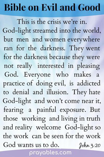 John 3:20 This is the crisis we’re in. God-light streamed into the world, but men and women everywhere ran for the darkness. They went for the
darkness because they were not really interested in pleasing God. Everyone who makes a practice of doing evil, is addicted to denial and illusion, hates God-light, and won’t come near it, fearing a painful exposure. But anyone working and living in truth and reality welcomes God-light so the work can be seen for the God-work it is.