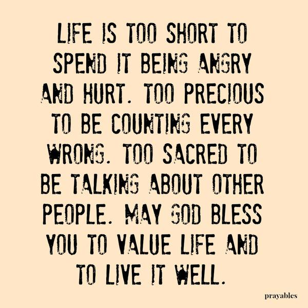 Life is too short to spend it being angry and hurt. Too precious to be counting every wrong. Too sacred to be talking about other people. May God bless you to value life and to live it well.