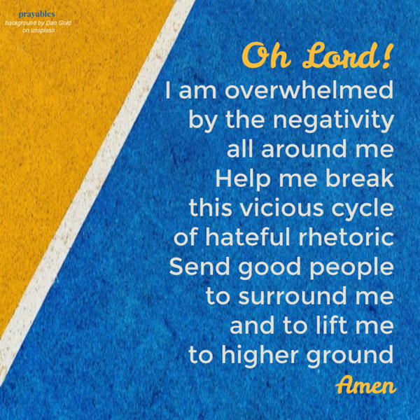 Oh Lord! I am overwhelmed by the negativity all around me. Help me break this vicious cycle of hateful rhetoric. Send good people to surround me and to lift me to higher ground. Amen