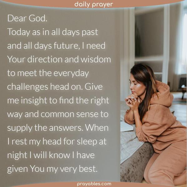 Dear God. Today as in all days past and all days future, I need Your direction and wisdom to meet the everyday challenges head on. Give me insight to find the right way and common sense to supply the answers. When I rest my head for sleep at night, I will know I have given You my very best.