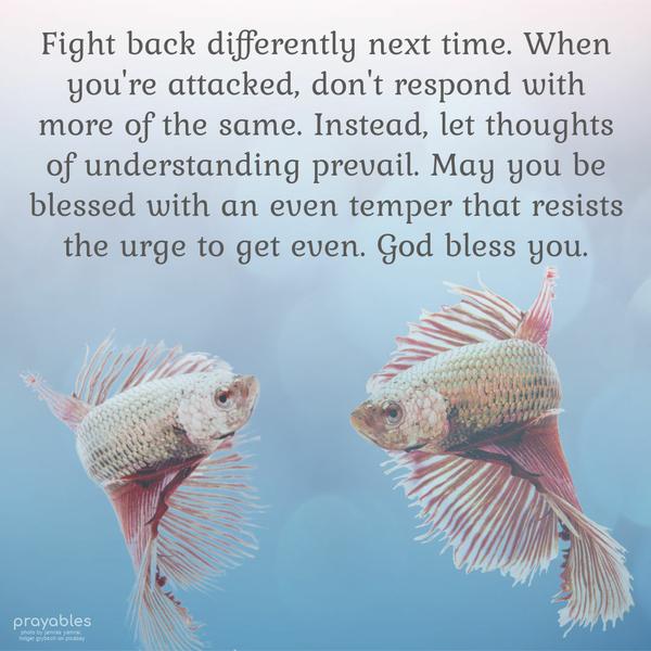 Fight back differently next time. When you’re attacked, don’t respond with more of the same. Instead, let thoughts of understanding prevail. May you be blessed with an even temper that
resists the urge to get even. God bless you.