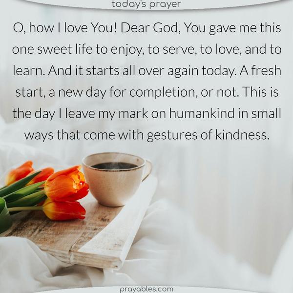 O, how I love You! Dear God, You gave me this one sweet life to enjoy, to serve, to love, and to learn. And it starts all over again today. A fresh start, a new day for completion, or not. This is the day I leave my mark on humankind in small ways that come with gestures of kindness.