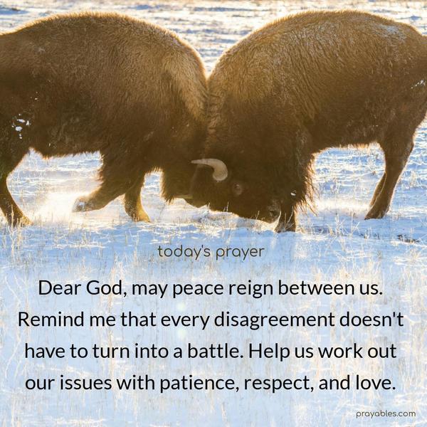 Dear God, may peace reign between us. Remind me that every disagreement doesn’t have to turn into a battle. Help us work out our issues with patience, respect, and love.