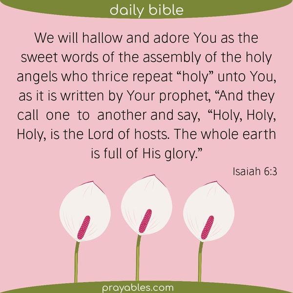 Isaiah 6:3 We will hallow and adore You as the sweet words of the assembly of the holy angels who thrice repeat “holy” unto You, as it is written by Your prophet, “And they
call one to another and say, “Holy, Holy, Holy, is the Lord of hosts. The whole earth is full of His glory.”