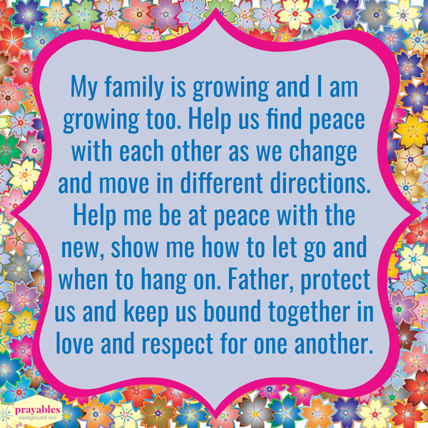 My family is growing and I am growing too. Help us find peace with each other as we change and move in different directions. Help me be at peace with the new, show me how to let go and when to hang on. Father, protect us and keep us bound
together in love and respect for one another.