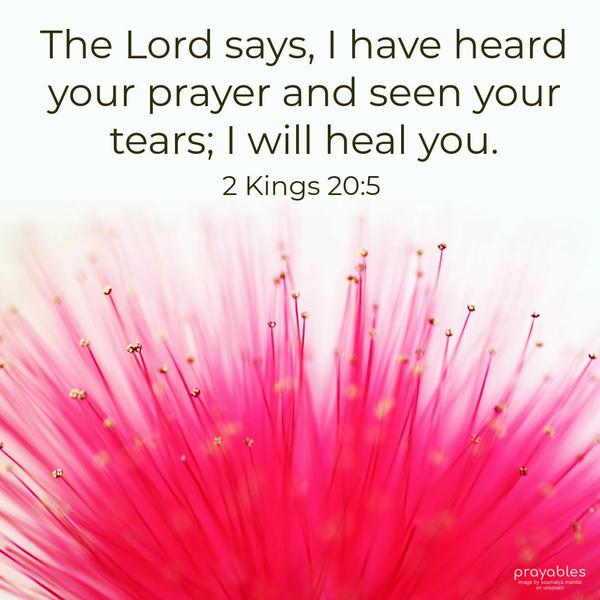 2 Kings 20:5 The Lord says, I have heard your prayer and seen your tears; I will heal you.